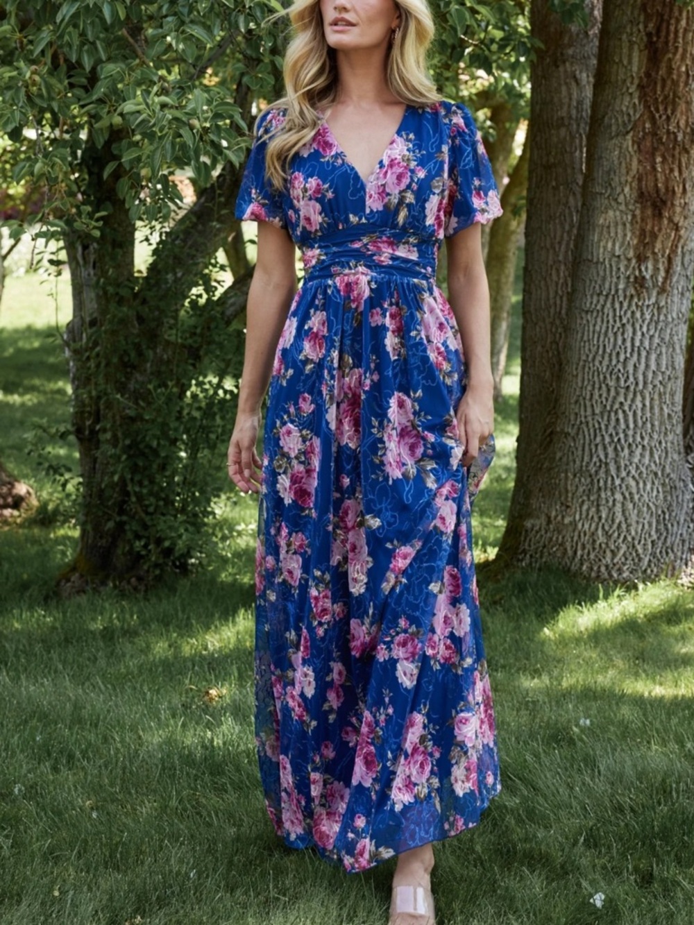 Baltic Born Blue Floral Maxi Dress with Pink Roses